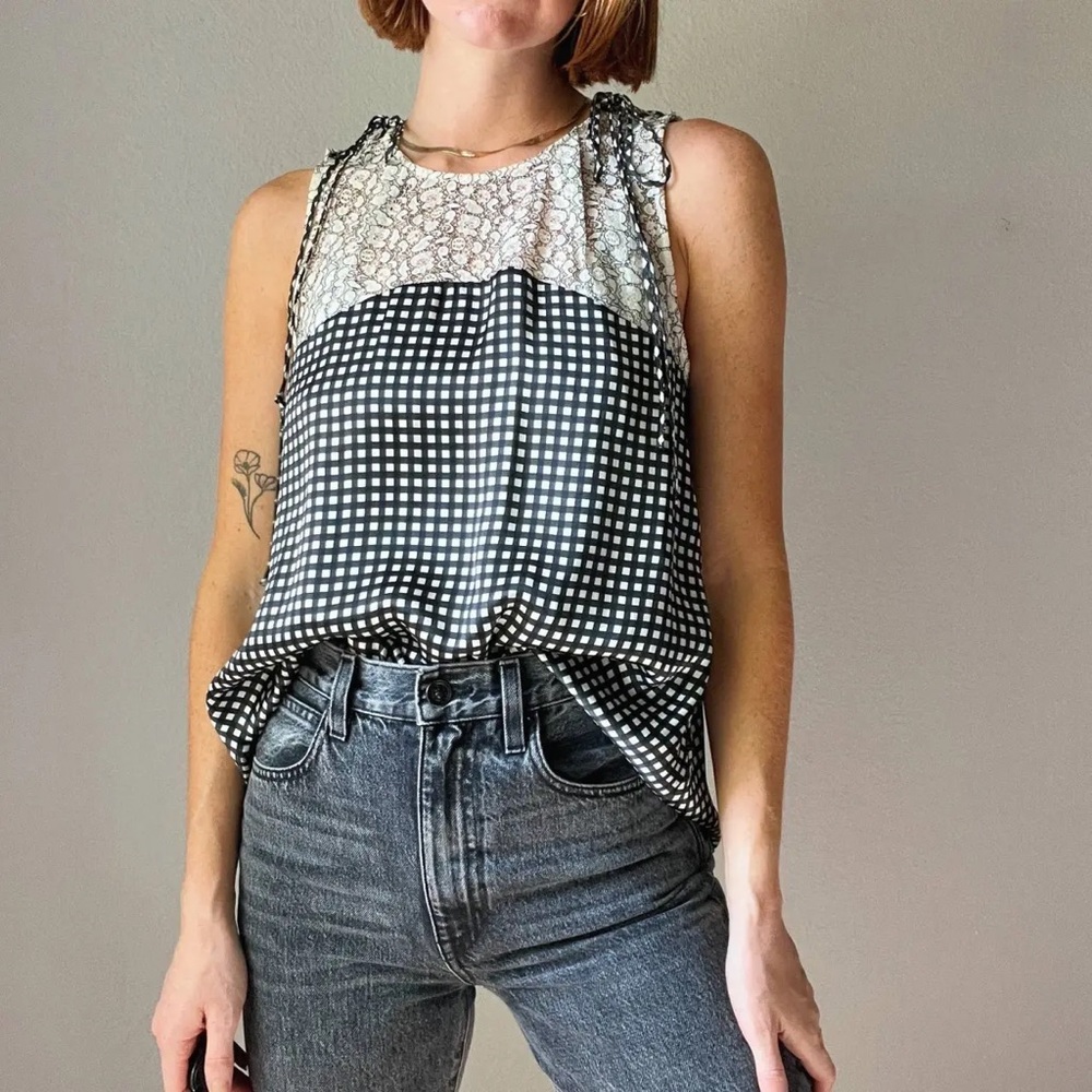 Marissa Webb Black Silk Shell Gingham Checkered White Lace Up Shoulder Blouse M